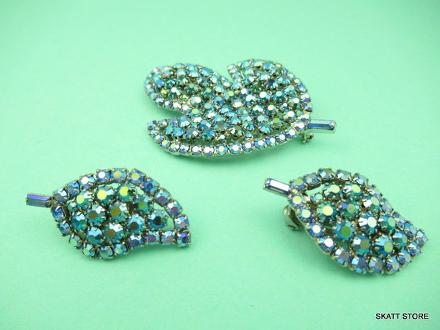 Vintage set brooch earrings aurora borealis crystals